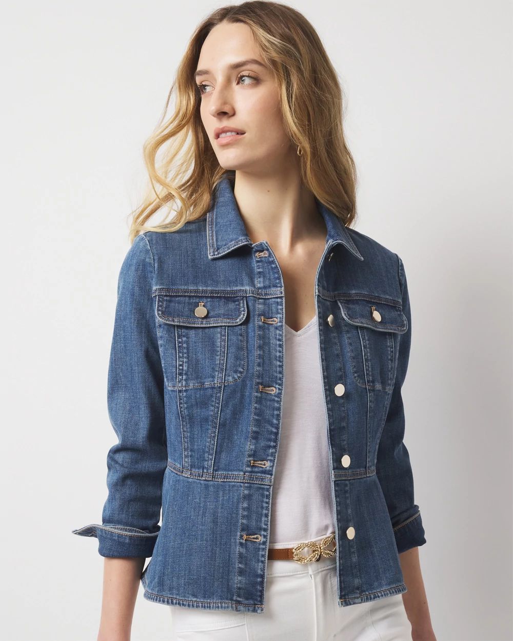Medium Wash Denim Button Up Peplum Jacket